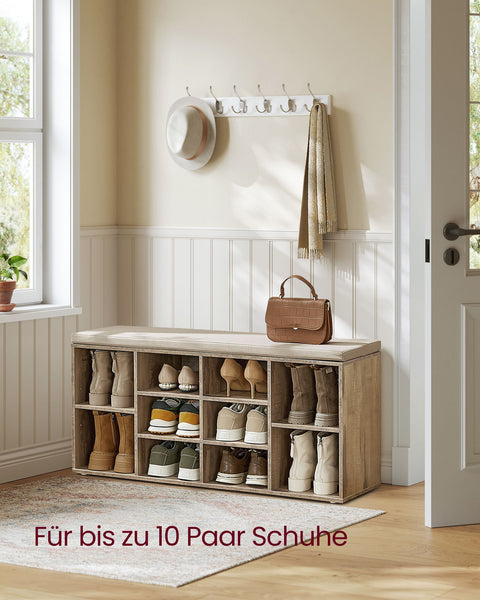 Rootz Shoe Rack Bench - Shoe Organizer - Shoe Storage - Chipboard Material - 30cm x 104cm x 48cm - Camel Brown, Foam Seat, Imitation Linen Cover