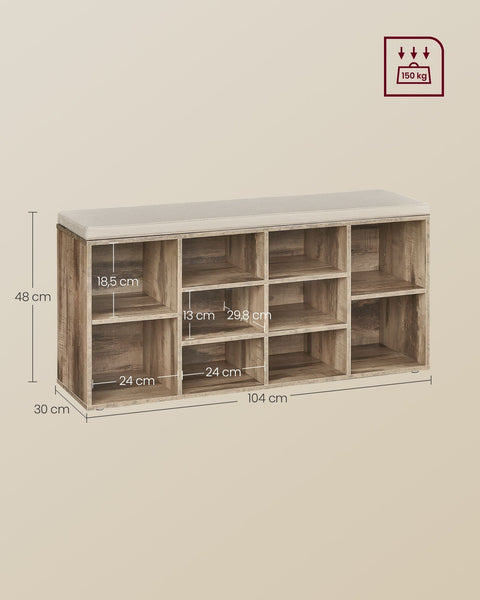 Rootz Shoe Rack Bench - Shoe Organizer - Shoe Storage - Chipboard Material - 30cm x 104cm x 48cm - Camel Brown, Foam Seat, Imitation Linen Cover