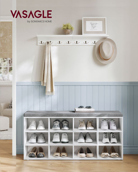 Rootz Shoe Bench with Storage - Entryway Organizer - Classic White - Chipboard - Foam - Imitation Linen Cover - 30.3cm x 78.5cm x 48cm - 136kg Max Load Capacity