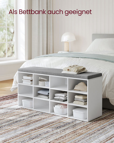 Rootz Shoe Bench Seat - Storage Bench - Entryway Organizer - 12 Compartments - White- Grey - 30.3 x 104 x 48 cm