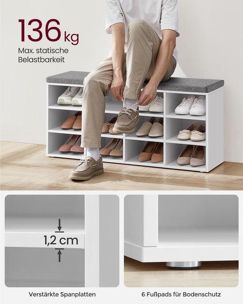Rootz Shoe Bench with Storage - Entryway Organizer - Classic White - Chipboard - Foam - Imitation Linen Cover - 30.3cm x 78.5cm x 48cm - 136kg Max Load Capacity