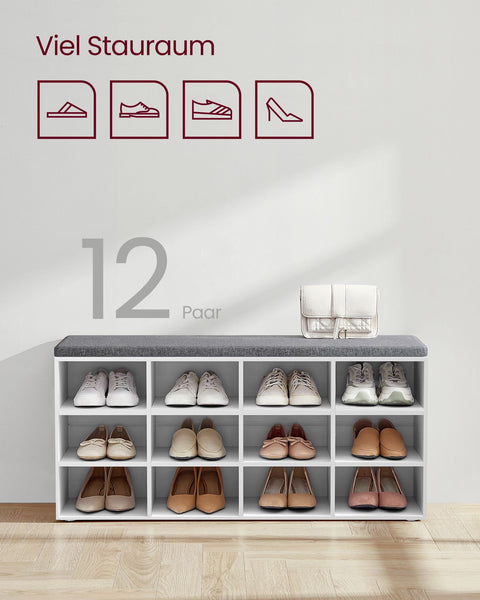Rootz Shoe Bench with Storage - Entryway Organizer - Classic White - Chipboard - Foam - Imitation Linen Cover - 30.3cm x 78.5cm x 48cm - 136kg Max Load Capacity