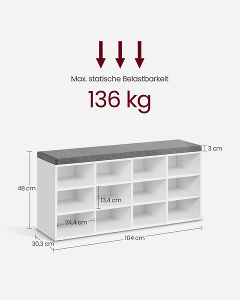 Rootz Shoe Bench Seat - Storage Bench - Entryway Organizer - 12 Compartments - White- Grey - 30.3 x 104 x 48 cm