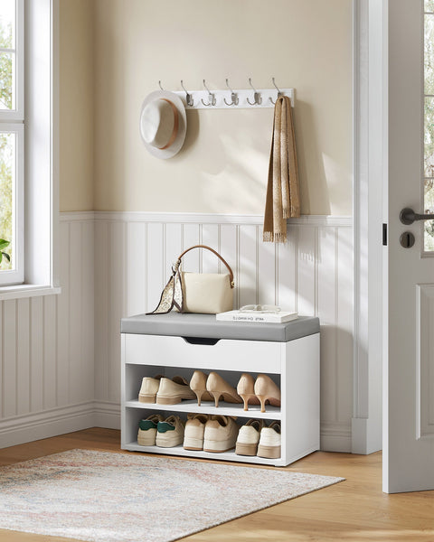 Rootz Shoe Bench with Cushion - Shoe Rack - Entryway Organizer - 3 Tiers White -Grey - 30cm x 60cm x 44cm