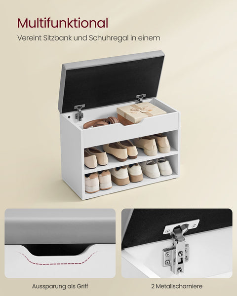 Rootz Shoe Bench with Cushion - Shoe Rack - Entryway Organizer - 3 Tiers White -Grey - 30cm x 60cm x 44cm