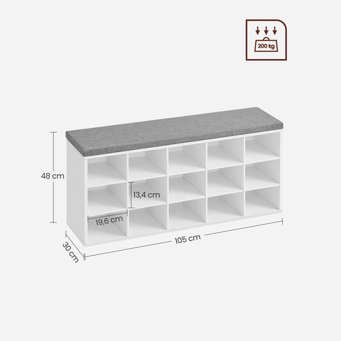 Rootz Shoe Bench Organizer - Entryway Storage Bench - Shoe Rack - Chipboard Foam - White-Gray - 105cm x 30cm x 48cm - 200kg Max Load Capacity