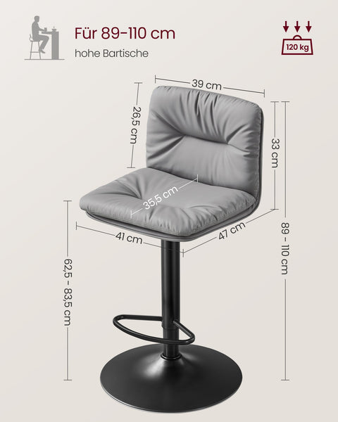 Rootz Gray 2 Piece Set Bar Chairs - Counter Stools - Kitchen Island Seating - PU Material - Metal Frame - Foam Padding - Adjustable Height - Compact Design - Ergonomic Backrest - 47cm x 41cm x (89-110)cm
