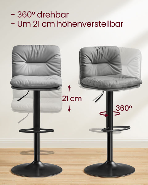Rootz Gray 2 Piece Set Bar Chairs - Counter Stools - Kitchen Island Seating - PU Material - Metal Frame - Foam Padding - Adjustable Height - Compact Design - Ergonomic Backrest - 47cm x 41cm x (89-110)cm