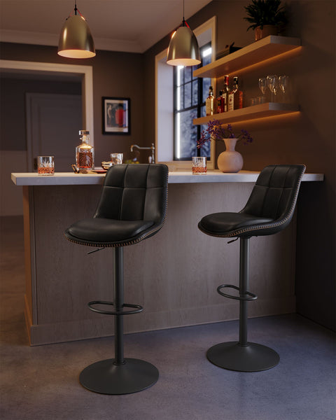 Rootz 2 Piece Set Bar Chairs - Kitchen Stools - Counter Height Chairs - PU Material - Chrome-Plated Steel - Foam Padding - 44cm x 48cm x (90-112)cm - Ink Black - 120kg Max Load Capacity