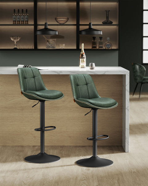 Rootz Forest Green PU Bar Chairs - Counter Stools - Swivel Seats - Chrome-Plated Steel - Foam Padding - Adjustable Height - Ergonomic Design - 44cm x 48cm x (90-112)cm