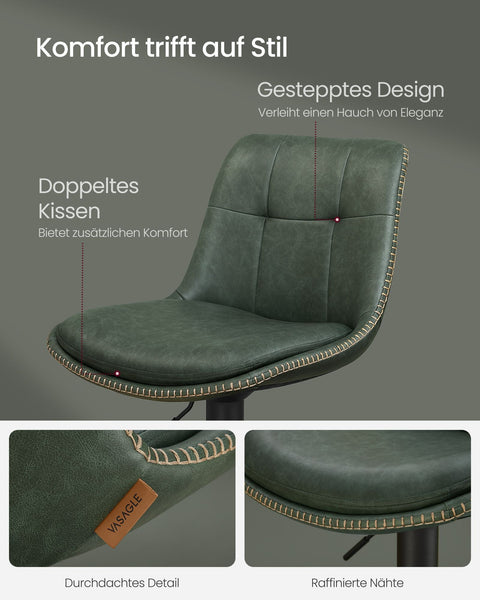 Rootz Forest Green PU Bar Chairs - Counter Stools - Swivel Seats - Chrome-Plated Steel - Foam Padding - Adjustable Height - Ergonomic Design - 44cm x 48cm x (90-112)cm