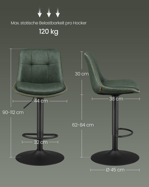 Rootz Forest Green PU Bar Chairs - Counter Stools - Swivel Seats - Chrome-Plated Steel - Foam Padding - Adjustable Height - Ergonomic Design - 44cm x 48cm x (90-112)cm