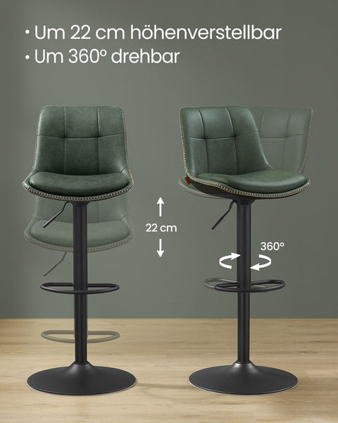 Rootz Forest Green PU Bar Chairs - Counter Stools - Swivel Seats - Chrome-Plated Steel - Foam Padding - Adjustable Height - Ergonomic Design - 44cm x 48cm x (90-112)cm