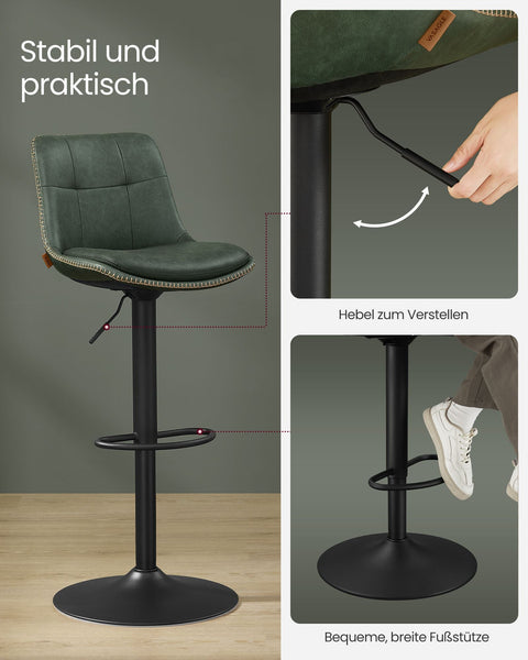 Rootz Forest Green PU Bar Chairs - Counter Stools - Swivel Seats - Chrome-Plated Steel - Foam Padding - Adjustable Height - Ergonomic Design - 44cm x 48cm x (90-112)cm