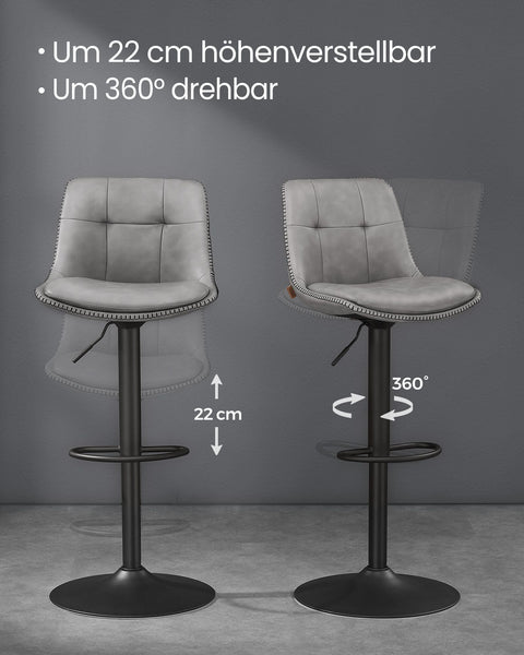 Rootz 2 Piece Set Bar Stool - Counter Height Chairs - Footrest - Dove Gray - PU - Chrome-Plated Steel - Foam Padding - 44cm x 48cm x (90-112cm)