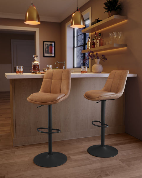 Rootz 2 Piece Set Bar Chairs - Kitchen Stools - Counter Height Chairs - PU Material - Chrome-Plated Steel - Foam Padding - 44cm x 48cm x (90-112)cm - Caramel Brown - 120kg Max Load Capacity