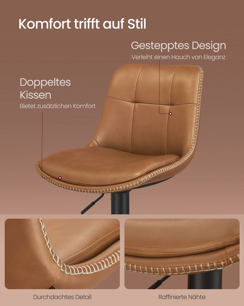 Rootz 2 Piece Set Bar Chairs - Kitchen Stools - Counter Height Chairs - PU Material - Chrome-Plated Steel - Foam Padding - 44cm x 48cm x (90-112)cm - Caramel Brown - 120kg Max Load Capacity