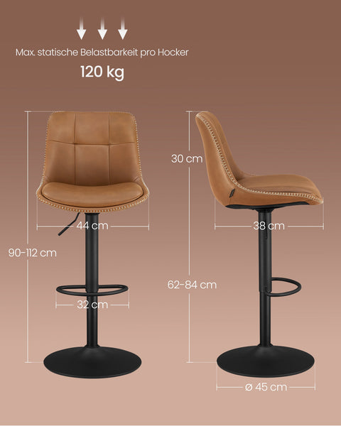 Rootz 2 Piece Set Bar Chairs - Kitchen Stools - Counter Height Chairs - PU Material - Chrome-Plated Steel - Foam Padding - 44cm x 48cm x (90-112)cm - Caramel Brown - 120kg Max Load Capacity