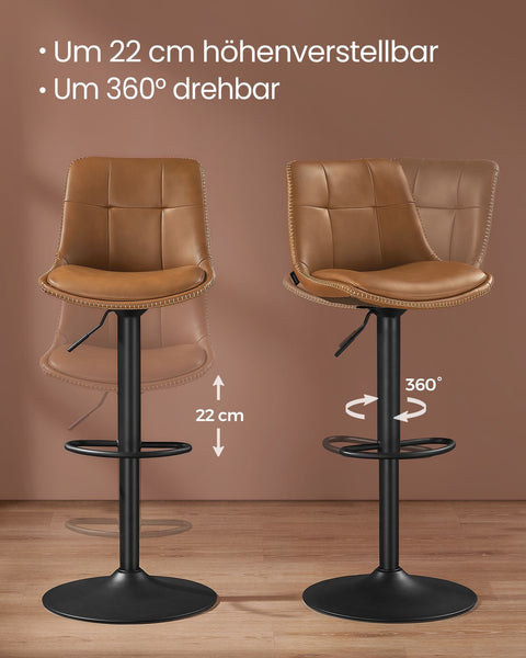 Rootz 2 Piece Set Bar Chairs - Kitchen Stools - Counter Height Chairs - PU Material - Chrome-Plated Steel - Foam Padding - 44cm x 48cm x (90-112)cm - Caramel Brown - 120kg Max Load Capacity