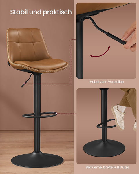 Rootz 2 Piece Set Bar Chairs - Kitchen Stools - Counter Height Chairs - PU Material - Chrome-Plated Steel - Foam Padding - 44cm x 48cm x (90-112)cm - Caramel Brown - 120kg Max Load Capacity