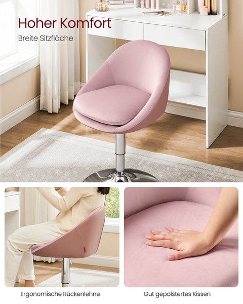 Rootz Pink Velvet and PU Leather Chair - Adjustable Seat - Backrest - Chrome Base - 52.5cm x 50cm x (81.5-93.5)cm - 6.8kg