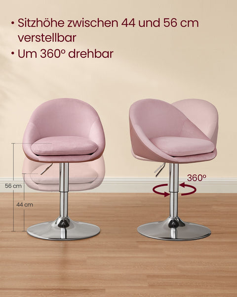 Rootz Pink Velvet and PU Leather Chair - Adjustable Seat - Backrest - Chrome Base - 52.5cm x 50cm x (81.5-93.5)cm - 6.8kg