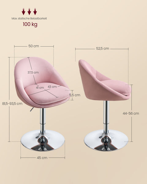 Rootz Pink Velvet and PU Leather Chair - Adjustable Seat - Backrest - Chrome Base - 52.5cm x 50cm x (81.5-93.5)cm - 6.8kg