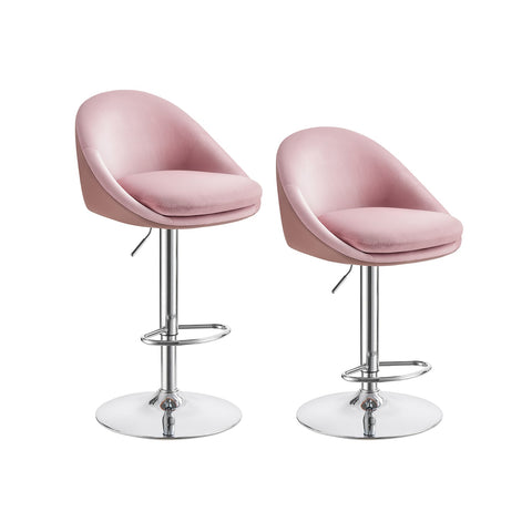 Rootz 2-Piece Set Bar Stools - Counter Stools - Height-Adjustable - Velvet - PU Leather - Metal Frame - Pastel Pink-Silver Gray - 52.5cm x 50cm x (97.5-108.5cm)