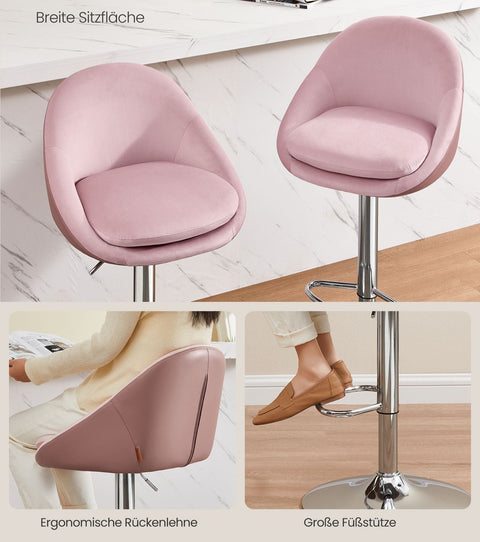 Rootz 2-Piece Set Bar Stools - Counter Stools - Height-Adjustable - Velvet - PU Leather - Metal Frame - Pastel Pink-Silver Gray - 52.5cm x 50cm x (97.5-108.5cm)