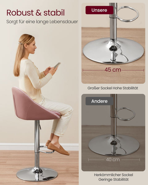 Rootz 2-Piece Set Bar Stools - Counter Stools - Height-Adjustable - Velvet - PU Leather - Metal Frame - Pastel Pink-Silver Gray - 52.5cm x 50cm x (97.5-108.5cm)