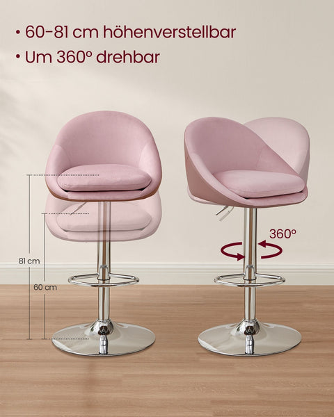 Rootz 2-Piece Set Bar Stools - Counter Stools - Height-Adjustable - Velvet - PU Leather - Metal Frame - Pastel Pink-Silver Gray - 52.5cm x 50cm x (97.5-108.5cm)