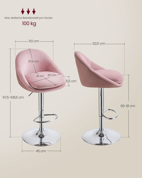Rootz 2-Piece Set Bar Stools - Counter Stools - Height-Adjustable - Velvet - PU Leather - Metal Frame - Pastel Pink-Silver Gray - 52.5cm x 50cm x (97.5-108.5cm)