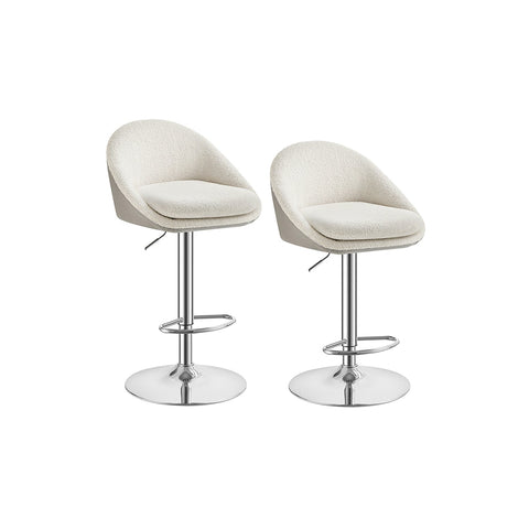 Rootz Set of 2 Height-Adjustable Bar Stools - Cream White-Silver Grey - Fleece & PU Leather - Metal Frame - 52.5cm x 50cm x (97.5-108.5)cm