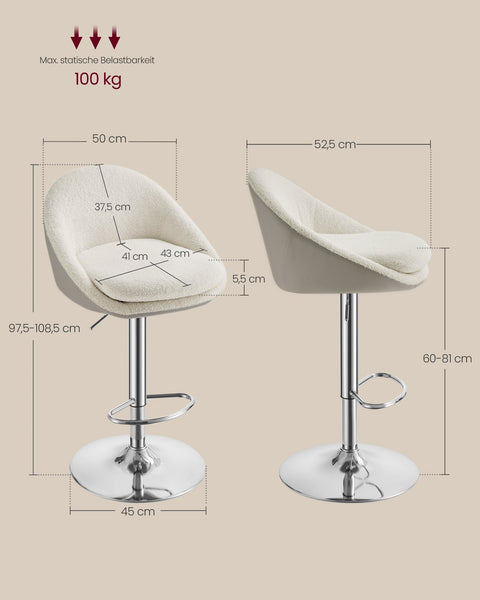 Rootz Set of 2 Height-Adjustable Bar Stools - Cream White-Silver Grey - Fleece & PU Leather - Metal Frame - 52.5cm x 50cm x (97.5-108.5)cm