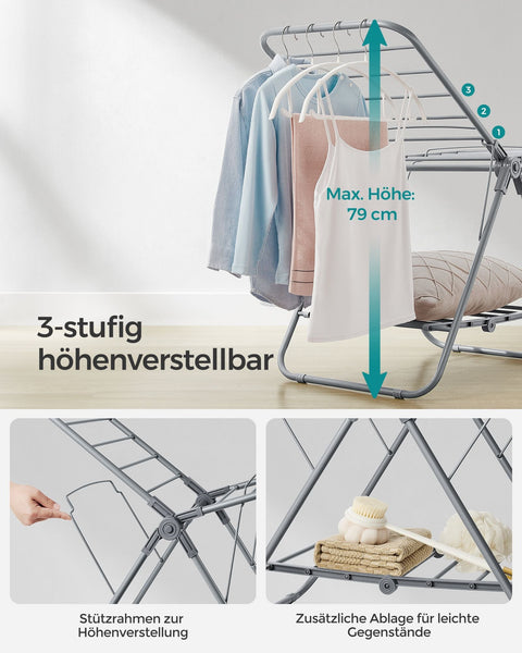 Rootz Dove Gray Steel and PP Plastic Washing Rack - Laundry Stand - Clothes Drying Rack - Compact Design - Lightweight - Easy Assembly - 44cm x 101cm x 54cm (D x W x H)