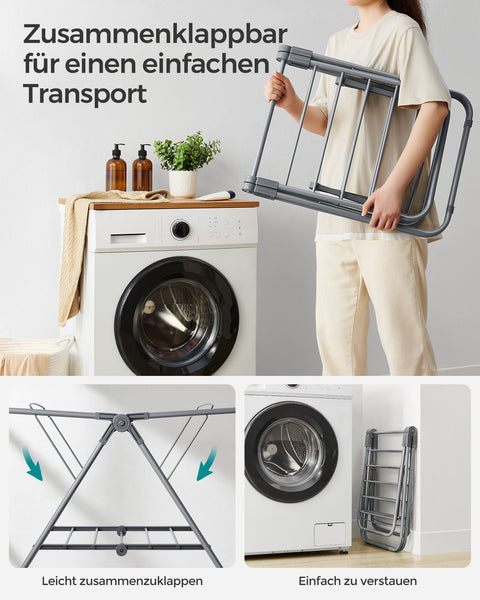Rootz Dove Gray Steel and PP Plastic Washing Rack - Laundry Stand - Clothes Drying Rack - Compact Design - Lightweight - Easy Assembly - 44cm x 101cm x 54cm (D x W x H)