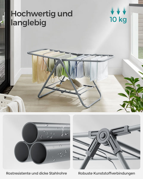 Rootz Dove Gray Steel and PP Plastic Washing Rack - Laundry Stand - Clothes Drying Rack - Compact Design - Lightweight - Easy Assembly - 44cm x 101cm x 54cm (D x W x H)