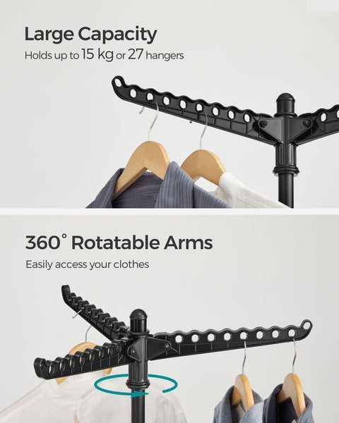 Rootz Portable Black Washing Rack - Laundry Stand - Clothes Drying Rack - Stainless Steel - Plastic - Lightweight - Compact Design - Easy Assembly - 65cm x 65cm x 150cm (Unfolded) - 5.5cm x 5.5cm x 182.5cm (Folded)