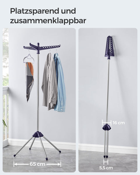Rootz Portable Blue-Silver Washing Rack - Stainless Steel Stand - Plastic Foldable Stand - Lightweight - Compact - Easy Assembly - 65cm x 65cm x 150cm (Unfolded) - 5.5cm x 5.5cm x 182.5cm (Folded)