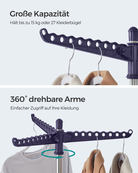 Rootz Portable Blue-Silver Washing Rack - Stainless Steel Stand - Plastic Foldable Stand - Lightweight - Compact - Easy Assembly - 65cm x 65cm x 150cm (Unfolded) - 5.5cm x 5.5cm x 182.5cm (Folded)