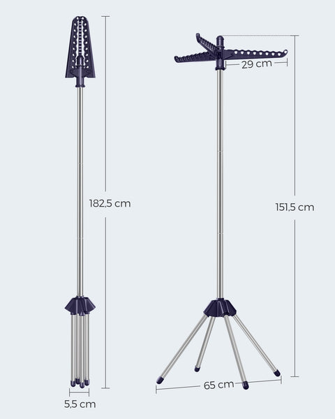 Rootz Portable Blue-Silver Washing Rack - Stainless Steel Stand - Plastic Foldable Stand - Lightweight - Compact - Easy Assembly - 65cm x 65cm x 150cm (Unfolded) - 5.5cm x 5.5cm x 182.5cm (Folded)