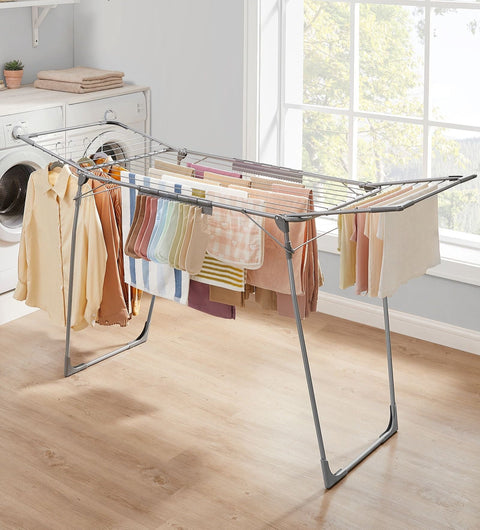 Rootz Drying Rack - Clothes Airer - Laundry Stand - Space-Saver - 56.5 x 173 x 96.5 cm Unfolded, 62 x 104.5 x 7 cm Folded - Metal Grey