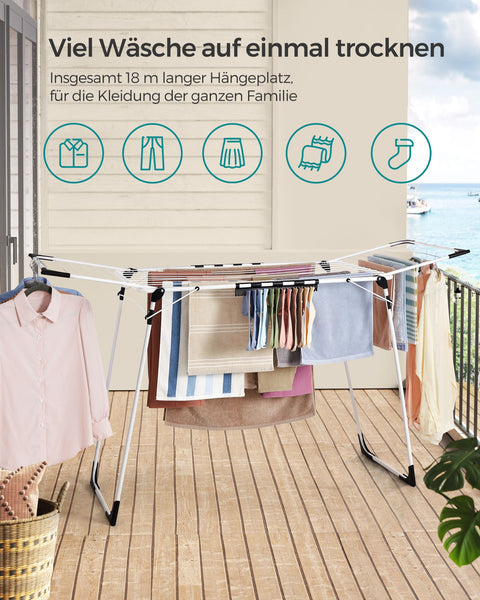 Rootz White Steel PP Plastic Washing Rack - Laundry Stand - Drying Rack - Sturdy Construction - Space Saving - Easy Assembly - 56.5cm x 173cm x 96.5cm