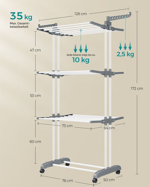 Rootz Drying Rack - Laundry Stand - Clothes Airer - Foldable Design - 64cm x 126cm x 172cm Unfolded