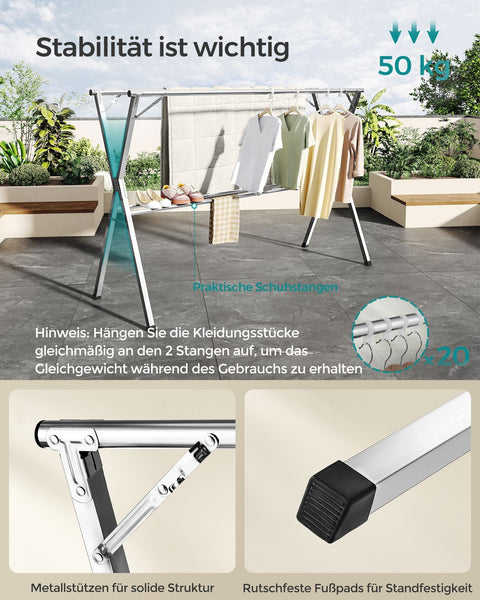 Rootz Extendable Drying Rack - Laundry Rack - Clothes Airer - Stainless Steel - 66cm x (133-200cm) x 130cm