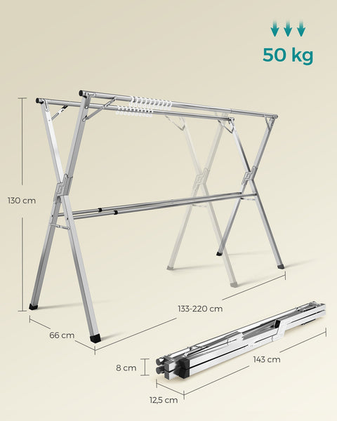 Rootz Extendable Drying Rack - Laundry Rack - Clothes Airer - Stainless Steel - 66cm x (133-200cm) x 130cm