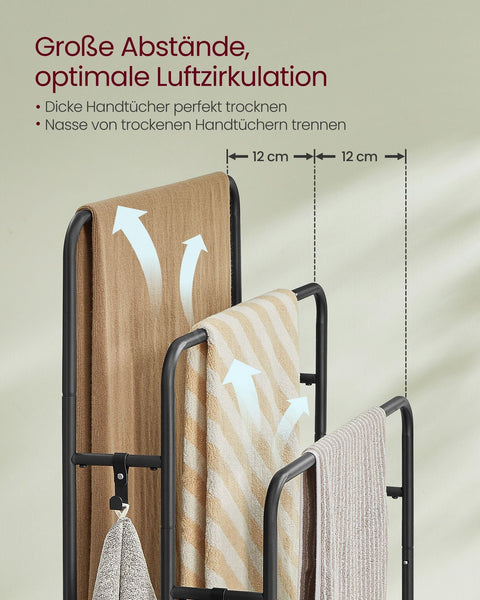 Rootz Towel Rack with 3 Bars - Bathroom Organizer - Towel Holder - Metal and Chipboard - 70cm x 30cm x 100cm - Ink Black-Ebony Black