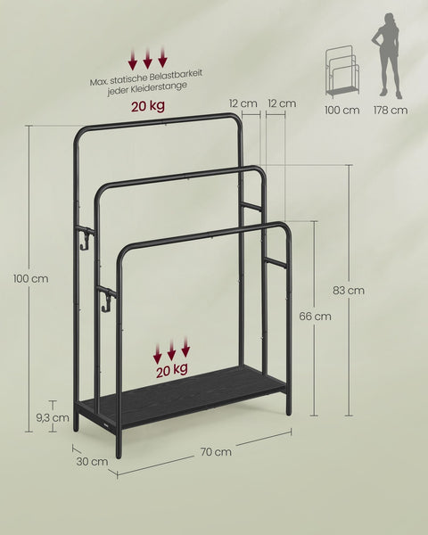 Rootz Towel Rack with 3 Bars - Bathroom Organizer - Towel Holder - Metal and Chipboard - 70cm x 30cm x 100cm - Ink Black-Ebony Black