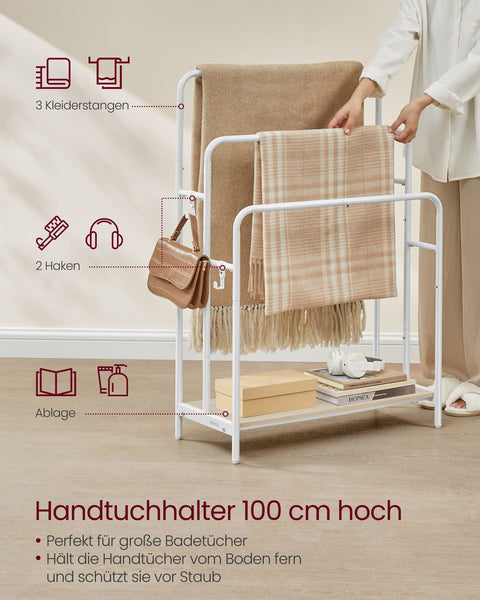 Rootz Towel Holder with 3 Bars - Cloud White Natural Beige - Metal Chipboard - 70cm x 30cm x 100cm - Heavy Duty - Storage Organizer