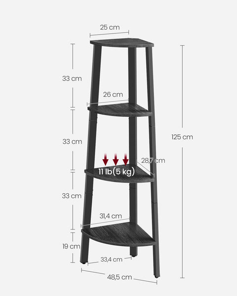 Rootz Corner Shelf 4-Level - Storage Unit - Display Rack- Grey - Space Saving - 33.4cm x 33.4cm x 125cm